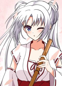 Rule 34 | 1230 mochi, 1girl, ;o, absurdres, blue eyes, blush, breasts, broom, cherry blossoms, collarbone, commentary request, detached sleeves, floating hair, hair between eyes, highres, holding, holding broom, japanese clothes, kimono, large breasts, long hair, long sleeves, looking at viewer, nontraditional miko, one eye closed, open mouth, outdoors, red ribbon, ribbon, ribbon-trimmed kimono, ribbon-trimmed sleeves, ribbon trim, senren banka, sidelocks, simple background, solo, tomotake yoshino, twintails, upper body, very long hair, white background, white hair, white kimono, wide sleeves, wind