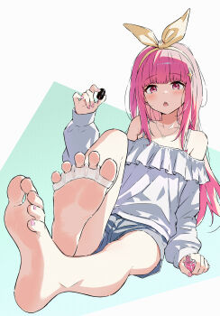 1girl barefoot blush feet hairband highres long_hair looking_at_viewer nail_polish open_mouth original pink_eyes pink_hair qiufengxiaose soles toenail_polish toenails toes