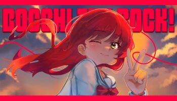 1girl absurdres bocchi_the_rock! bow bowtie closed_mouth commentary_request copyright_name floating_hair from_side green_eyes hand_up highres kita_ikuyo long_hair looking_at_viewer looking_to_the_side one_eye_closed portrait pstoo red_bow red_bowtie red_hair red_theme sailor_collar shirt smile solo swept_bangs turning_head v white_sailor_collar white_shirt
