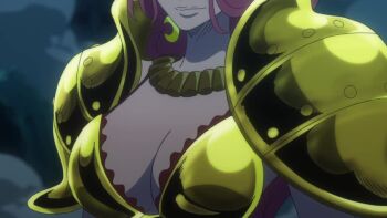 1girl 6+boys :p absurdres animated armor armpit_crease ass baccarat_(one_piece) bikini_armor blue_eyes bomb bracer breasts brook_(one_piece) cleavage coin curvy dark-skinned_female dark_skin devil_fruit_power earrings explosion explosive falling femdom floating glint gold_bracer groin highres holding holding_sword holding_weapon huge_breasts jewelry long_hair looking_at_another multiple_boys night night_sky one_piece one_piece_film:_gold outdoors pain parted_lips pauldrons pink_hair revealing_clothes running ryona shiny_clothes shiny_skin short_hair shoulder_armor sky sword tagme thong toei_company tongue tongue_out tony_tony_chopper torture usopp video walking weapon wide_hips