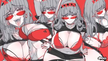 1girl absurdres artist_name black_shirt black_skirt bra breasts cleavage closed_mouth clothes_lift commentary curvy english_commentary grey_hair hair_between_eyes heart heart-shaped_pupils highres jrpencil large_breasts long_hair looking_at_viewer microskirt multiple_views open_mouth original parted_lips raised_inner_eyebrows red-tinted_eyewear red_background red_bra red_eyes saliva shirt shirt_lift simple_background skirt smile sunglasses symbol-shaped_pupils tinted_eyewear tongue tongue_out underwear wide_hips