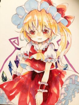 1girl ascot bat_wings blonde_hair crystal flandre_scarlet hat hat_ribbon highres hiyuu_(hiyualice) mob_cap multicolored_wings one_side_up puffy_short_sleeves puffy_sleeves red_eyes red_vest ribbon short_sleeves side_ponytail skirt skirt_set solo star_(symbol) touhou traditional_media vest white_hat wings yellow_ascot