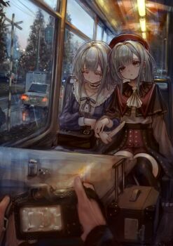 Rule 34 | 2girls, absurdres, bang dream!, bang dream! it's mygo!!!!!, beret, blue dress, camera, closed eyes, commentary, dress, dual persona, green hair, hat, highres, holding, holding camera, indoors, long hair, mortis (bang dream!), mortis (costume) (bang dream!), mortis (persona) (bang dream!), multiple girls, red hat, sameaki, sleeping, wakaba mutsumi, yellow eyes