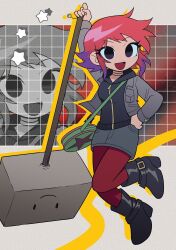 Rule 34 | 1girl, :d, bag, black eyes, breasts, colored tips, commentary, full body, g tsurius, hand on own hip, highres, jacket, looking at viewer, medium breasts, multicolored hair, open mouth, pantyhose, pink hair, ramona flowers, scott pilgrim (series), scott pilgrim takes off, short hair, smile, solo, war hammer, weapon