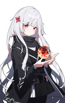 1girl absurdres albino beudelb black_scarf closed_mouth commentary commission commissioner_upload english_commentary enpera flower hair_between_eyes hair_flower hair_ornament highres holding japanese_clothes long_hair long_sleeves looking_at_viewer maxine_poshon original pale_skin pixiv_commission red_eyes red_flower scarf simple_background solo standing upper_body very_long_hair white_background white_hair