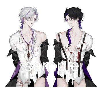 2boys absurdres arms_behind_back bandaged_leg bandages black_hair black_jacket black_male_underwear blood blood_on_clothes blood_on_face bloody_bandages call_of_cthulhu chinese_commentary collarbone collared_shirt cowboy_shot grey_hair highres injury jacket jewelry long_hair looking_at_viewer low_ponytail male_focus male_underwear mian_(mussolier_de_shengzhizhe) multicolored_hair multiple_boys mussolier_de_shengzhizhe necklace nidexintu off_shoulder open_clothes open_jacket open_shirt parted_bangs parted_lips ponytail purple_eyes purple_hair sample_watermark shirt shorts simple_background streaked_hair suspenders torn_clothes torn_shirt underwear watermark white_background white_hair white_shirt