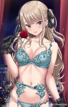 1girl bare_shoulders black_gloves blue_bra blue_garter_belt blue_panties blush bra breasts burnt_hair cleavage collarbone commentary_request flower gloves grey_eyes hand_up highres holding holding_flower kotohane long_hair looking_at_viewer medium_breasts navel original panties parted_lips red_eyes side-tie_panties solo stomach underwear very_long_hair