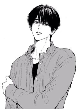 buttons character_request collarbone collared_shirt copyright_request highres long_sleeves looking_at_viewer shirt short_hair simple_background sso_s teeth unbuttoned upper_body white_background