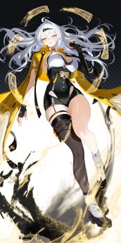 1girl absurdres ahoge arkimedes armlet asymmetrical_gloves belt black_background black_gloves black_shoes black_shorts black_thighhighs blush breasts brown_thighhighs cleavage coin coin_on_string commentary_request cropped_jacket elbow_gloves fingerless_gloves floating_hair from_below full_body gloves gold_armlet grin hair_ornament hairclip hand_up high-waist_shorts highres incredibly_absurdres jacket jacket_on_shoulders jewelry korean_commentary large_breasts light_trail long_hair looking_at_viewer midair ofuda parted_lips shirt shoes shorts single_fingerless_glove single_hair_intake single_thighhigh smile socks solo tassel thigh_strap thighhighs uneven_gloves unzipped very_long_hair weapon white_hair white_shirt white_socks yellow_eyes yellow_jacket yin_yang_pin yixuan_(zenless_zone_zero) zenless_zone_zero