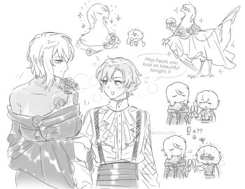 Rule 34 | 1boy, 1girl, @ @, ascot, bare shoulders, black dress, champagne flute, chibi, cowboy shot, cup, dress, drinking glass, english text, faust (project moon), greyscale, highres, limbus company, monochrome, ohzv, project moon, shirt, short hair, simple background, sinclair (project moon), sparkle, speech bubble, suspenders, white ascot, white background, white hair, white shirt