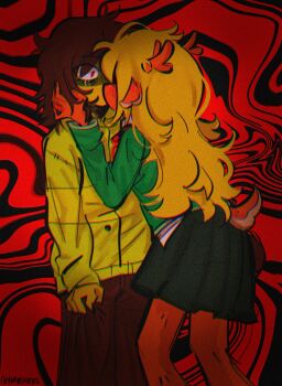 1girl 1other antlers black_skirt blonde_hair brown_hair brown_pants colored_skin commentary deer_antlers deer_girl deltarune english_commentary green_sweater highres horns kiss kris_(deltarune) long_hair medium_hair noelle_holiday other_with_female pants red_background red_eyes signature single_horizontal_stripe skirt striped_clothes striped_sweater sweater utdr_(toby_fox) yellow_skin yoroshikus