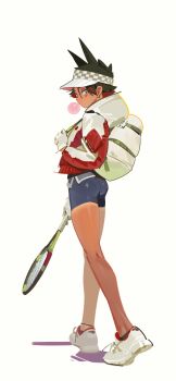 1girl ass chewing_gum expressionless looking_at_viewer prisoners_book_(artist) racket shoes short_hair short_shorts shorts sneakers tan tanline tennis_racket