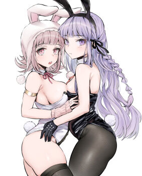 Rule 34 | 2girls, :o, animal ears, animal hood, asymmetrical docking, bare shoulders, black gloves, black leotard, braid, breast press, breasts, brown pantyhose, cowboy shot, danganronpa: trigger happy havoc, danganronpa (series), danganronpa 2: goodbye despair, desperate airpo, fake animal ears, fishnet thighhighs, fishnets, from side, frown, gloves, highres, hood, hug, kirigiri kyoko, large breasts, leotard, looking at viewer, medium breasts, medium hair, multicolored leotard, multiple girls, nanami chiaki, neck ribbon, official alternate costume, pantyhose, pink eyes, pink ribbon, playboy bunny, rabbit ears, rabbit hood, rabbit tail, ribbon, shiny clothes, side braid, skindentation, strapless, strapless leotard, tail, teeth, thighhighs, two-tone leotard, white leotard