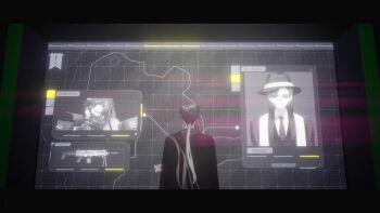 1boy absurdres alternate_costume black_border black_cape black_hair border cape commentary english_commentary facing_away from_behind genshin_impact gun highres hoyofair letterboxed long_hair looking_at_object low_ponytail male_focus map onegingek ponytail screen solo upper_body weapon wriothesley_(genshin_impact) zhongli_(genshin_impact)