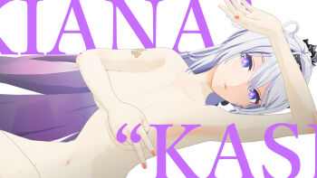 1girl 3d abilfloridaarts absurdres armpits blue_eyes breasts completely_nude covering_breasts covering_privates highres honkai_(series) honkai_impact_3rd kiana_kaslana kiana_kaslana_(herrscher_of_finality) long_hair looking_at_viewer medium_breasts navel nude ponytail purple_hair purple_pupils solo sweat symbol-shaped_pupils white_background white_hair