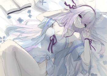 1girl absurdres armpits bare_shoulders bed bed_sheet book bottomless breasts celestia_(midsummer_night)_(strinova) celestia_(strinova) cleavage collarbone from_above gluteal_fold hair_between_eyes hair_flaps hair_ribbon hands_up he_yue head_tilt highres knees_up long_hair looking_at_viewer lying medium_breasts nail_polish no_panties on_back pillow purple_eyes ribbon shirt sidelocks smile solo strinova thighs tied_shirt white_hair wide_hips