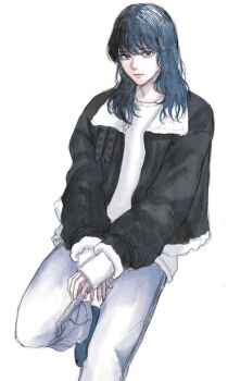 1girl androgynous black_eyes black_jacket blue_hair closed_mouth commentary_request con_con_017 denim fur-trimmed_jacket fur_trim jacket jeans leg_up long_hair long_sleeves looking_at_viewer original pants shirt sleeves_past_wrists solo standing standing_on_one_leg white_background white_shirt