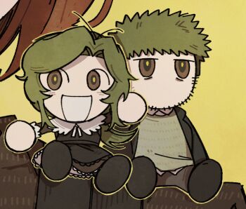 Rule 34 | 1boy, 2girls, antenna hair, apron, asya shubina, black apron, black jacket, blazer, brother and sister, brown dress, brown eyes, brown pants, chibi, chibi on shoulder, circle hands, dress, facial hair, green hair, green sweater, grin, head out of frame, jacket, lapels, lev kaplan, low ponytail, marina kaplan, multiple girls, no mouth, nopanamaman, official art, paid reward available, pants, ponytail, school uniform, shirt, short hair, siblings, smile, soviet school uniform, spiked hair, stubble, sweater, untucked shirt, z.a.t.o. // i love the world and everything in it