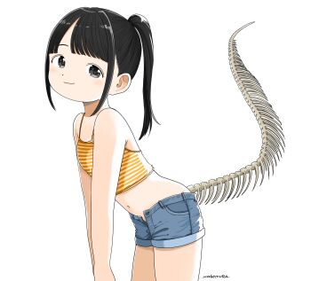 1girl absurdres black_eyes black_hair bone chinese_zodiac commentary denim denim_shorts highres midriff nagomurasan navel open_fly original ponytail shorts snake solo symbol-only_commentary tank_top year_of_the_snake yellow_tank_top