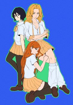 3girls 9r9rxl arms_under_breasts black_hair black_thighhighs bleach blonde_hair blouse blue_background blue_eyes breasts brown_eyes cleavage closed_mouth collarbone crossed_arms crossed_legs hair_ornament hairclip inoue_orihime knee_socks korean_commentary kuchiki_rukia large_breasts long_hair matsumoto_rangiku medium_hair mole mole_under_mouth multiple_girls orange_hair ribbon school_uniform shirt shoujo_s simple_background sitting skirt small_breasts snowflake_hair_ornament standing thighhighs thighs