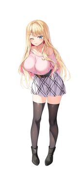 1girl ;p amaemi-longing_for_you- ankle_boots arms_behind_back belt black_belt black_boots black_thighhighs blonde_hair blue_eyes blush boots breasts collarbone colored_inner_hair full_body kusunoki_iroha large_breasts large_variant_set leaning_forward long_hair looking_at_viewer multicolored_hair off-shoulder_shirt off_shoulder official_art one_eye_closed oryo_(oryo04) pink_hair pink_shirt shirt simple_background single_bare_shoulder single_off_shoulder skirt solo standing tachi-e thighhighs tongue tongue_out variant_set white_background white_skirt zettai_ryouiki