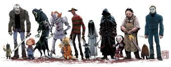 1girl 1other 6+boys a_nightmare_on_elm_street absurdres black_cloak chainsaw character_request child&#039;s_play chucky cloak clown clown_nose combat_helmet copyright_request fingernails freddy_krueger friday_the_13th ghost_mask ghostface gloves halloween_(movie) helmet highres hockey_mask holding holding_chainsaw holding_knife hood hood_up hooded_coat horror_(theme) it_(stephen_king) jacket jason_voorhees jigsaw_(character) knife leatherface lineup long_fingers machete mask mask_on_head michael_myers multiple_boys neck_ruff paper_boat pennywise pickelhaube rm73 saw_(movie) scream_(movie) simple_background summer the_fisherman the_ring the_texas_chainsaw_massacre torn_clothes torn_jacket tricycle white_background white_mask yamamura_sadako