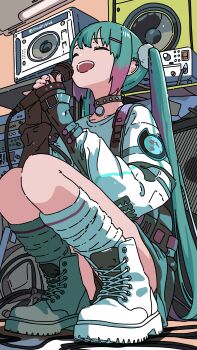 1girl absurdres amplifier aqua_hair asymmetrical_footwear black_gloves boots cable choker closed_eyes collar commentary_request cyberpunk fingerless_gloves from_below gloves gradient_hair hair_ornament hairclip hatsune_miku headphones highres holding holding_microphone indoors jacket kico_(illmaticblue) knees_up leg_warmers long_hair microphone mismatched_footwear multicolored_hair open_mouth oversized_clothes pink_hair science_fiction short_shorts shorts singing sitting smile solo speaker spiked_choker spikes thighhighs twintails vocaloid white_jacket