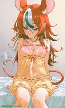 1girl :/ absurdres animal_ears anversailles averting_eyes babydoll black_hair blue_eyes blush bow braid breasts closed_mouth colored_tips commentary commission double-parted_bangs empire_waist english_commentary extra_ears frilled_shorts frills front_slit hair_between_eyes hakos_baelz hakos_baelz_(strawberry_onesie) highres hololive hololive_english indoors jewelry long_hair medium_breasts mouse_ears mouse_girl mouse_tail multicolored_hair navel necklace official_alternate_hairstyle on_bed polka_dot_babydoll puffy_shorts red_hair see-through_babydoll see-through_clothes short_shorts shorts side_braids solo straight-on strap_slip streaked_hair tail tail_bow tail_ornament virtual_youtuber white_hair yellow_babydoll yellow_shorts