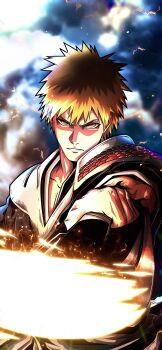 1boy absurdres bleach cloud commentary highres holding holding_sword holding_weapon japanese_clothes kurosaki_ichigo looking_at_viewer male_focus noonvincent orange_hair short_hair sky solo spiked_hair straight-on sword weapon