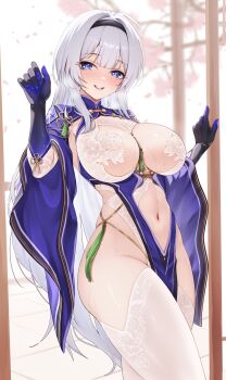 1girl 4ddd absurdres azur_lane blue_dress blue_eyes blue_gloves blush breasts cleavage clothing_cutout commission dress elbow_gloves gloves hairband highres large_breasts long_hair long_sleeves looking_at_viewer mainz_(a_blend_of_serenity)_(azur_lane) mainz_(azur_lane) navel open_mouth pelvic_curtain pixiv_commission smile solo stomach_cutout tassel thighhighs thighs white_hair white_thighhighs wide_sleeves