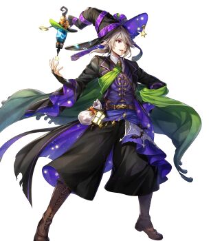 1boy attack boots bridal_gauntlets cape dragonstone fire_emblem fire_emblem_fates fire_emblem_heroes green_cape hat hat_ornament highres lantern male_corrin_(fire_emblem) male_corrin_(halloween)_(fire_emblem) moon_(ornament) nintendo non-web_source official_alternate_costume official_art parted_lips pointy_ears red_eyes solo star_(symbol) star_hat_ornament star_print stitches white_background wizard_hat