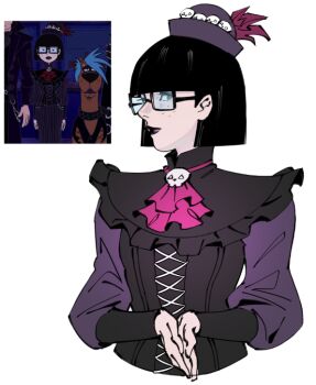 1girl black_lips blue_hair goth_fashion hat lipstick makeup officeanomaly scene_reference scooby-doo scooby-doo_(character) simple_background skull_ornament velma_dinkley white_background