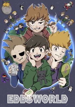 3girls 6+boys :d absolutely_everyone absurdres alien animal animification antenna_hair arms_up bandage_on_cheek bandage_on_face bandages beard bird black_cloak blonde_hair blue_coat blue_hoodie bottle bright_pupils brown_hair can cat character_name character_request christopher_bingbong_(eddsworld) cigar cloak coat cola colored_skin commander_bai_(eddsworld) commentary_request copyright_name crossed_arms drawstring drink drink_can dual_persona earth_(planet) edd_(eddsworld) eddsworld eduardo_(eddsworld) ell_(eddsworld) english_text everyone eyepatch facial_hair flipped_hair genderswap genderswap_(mtf) green_eyes green_jacket green_skin grey_cat grin guitar hair_ears hand_on_own_face hat hellucard_(eddsworld) highres holding holding_animal holding_bottle holding_can holding_cat holding_cigar holding_drink holding_guitar holding_instrument holding_mirror hollow_eyes hood hood_down hood_up hoodie instrument jacket jon_(eddsworld) kashimiato katana l_hand larry_(eddsworld) long_hair long_sleeves looking_at_viewer low_ponytail male_focus mark_(eddsworld) matilda_(eddsworld) matt_(eddsworld) mirror moon multiple_boys multiple_girls one_eye_closed open_clothes open_jacket open_mouth orange_hair partial_commentary patryck_(eddsworld) paul_(eddsworld) penguin planet ponytail purple_eyes purple_hoodie red_eyes red_hoodie ringo_(eddsworld) santa_hat short_hair skull_print smile smoke smoking space spiked_hair star_(sky) swept_bangs sword tamara_(eddsworld) tom_(eddsworld) topknot tord_(eddsworld) uneven_eyes weapon white_pupils zanta_claws_(eddsworld) zombie