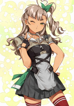 Rule 34 | 1girl, ahoge, aircraft, black gloves, blush, clover background, commentary request, cowboy shot, dress, eyelashes, fingerless gloves, gloves, green eyes, green ribbon, hair ribbon, hand on own hip, heart, heart ahoge, highres, kanmiya shinobu, kantai collection, kashi (kancolle), long hair, looking at viewer, mole, mole under eye, one eye closed, one side up, red thighhighs, ribbon, sailor collar, sailor dress, short sleeves, simple background, solo, thighhighs, v, white background, white sailor collar, yellow background