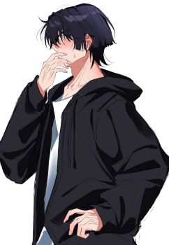 Rule 34 | 1boy, absurdres, alternate body size, alternate costume, arm at side, bespectacled, black hair, black hood, black jacket, black sleeves, blunt ends, blush, contemporary, covering own mouth, dintoge, drawstring, ear blush, fingernails, formal clothes, from side, genshin impact, glasses, grey eyes, hair intakes, hand on own hip, hand over own mouth, highres, hood, hood down, hooded jacket, jacket, long sleeves, male focus, neck blush, open hand, profile, scaramouche (genshin impact), shirt, solo, undershirt, white shirt