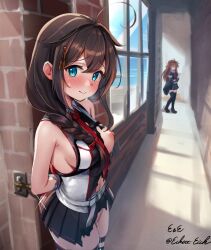 Rule 34 | 2girls, absurdres, ahoge, arms behind back, belt, black shirt, black skirt, blue eyes, blush, braid, breasts, brown hair, chest harness, commentary request, commission, eckert&amp;eich, glint, hair between eyes, hair flaps, hair ornament, hair over shoulder, hairpin, hallway, harness, highres, indoors, jewelry, kantai collection, long hair, looking at viewer, medium breasts, multiple girls, necktie, neglect play, nipples, pleated skirt, public indecency, public nudity, pussy juice, red necktie, ring, shigure (kancolle), shigure kai san (kancolle), shiratsuyu (kancolle), shiratsuyu kai ni (kancolle), shirt, single braid, skeb commission, skirt, sleeveless, sleeveless shirt, torn clothes, torn shirt, torn skirt, two-tone shirt, wedding ring, white belt, white shirt