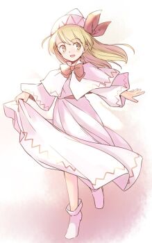 1girl :d blonde_hair bow bowtie capelet commentary_request fairy full_body hat light_blush lily_white long_hair open_mouth orange_background pointy_ears rangycrow red_bow red_bowtie red_ribbon red_sash ribbon sash shirt shoes sideways_glance skirt skirt_hold smile solo touhou white_capelet white_hat white_shirt white_shoes white_skirt yellow_eyes