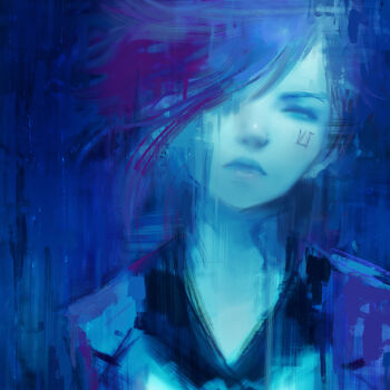 1girl alex_chow arcane:_league_of_legends arcane_vi black_shirt blouse blue_background blue_theme body_writing closed_eyes closed_mouth facial_tattoo facing_viewer hair_over_one_eye league_of_legends multicolored_background pink_hair portrait shirt short_hair solo swept_bangs tagme tattoo vi_(league_of_legends)