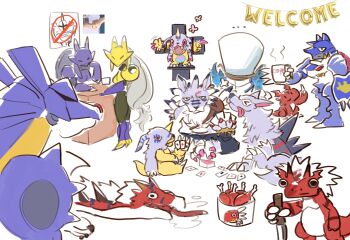 >_< 765_nanami absurdres armor blue_armor blue_pants card chaosmon_valdur_arm chicken_wing crucifixion digimon digimon_(creature) digimon_adventure:_(2020) digimon_card_game dinosaur doruguremon evolutionary_line fenriloogamon gabumon_x-antibody garudamon garudamon_x-antibody garurumon garurumon_x-antibody growmon highres holding holding_knife knife kuzuhamon metalgarurumon miragegaogamon pants playing_card red_eyes sakuyamon sitting weregarurumon wolf