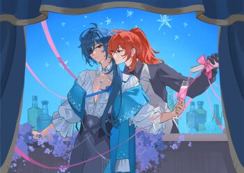 Rule 34 | 2boys, antenna hair, black gloves, black shirt, blue eyes, blue hair, bottle, champagne flute, closed mouth, collared shirt, commentary request, cup, dark-skinned male, dark skin, diluc (genshin impact), drinking glass, earrings, eyepatch, genshin impact, gloves, grey vest, hair between eyes, hair over shoulder, high ponytail, holding, inseki, jewelry, kaeya (genshin impact), long hair, long sleeves, low ponytail, male focus, mochuuuuuuu, multiple boys, one eye covered, pectoral cleavage, pectorals, ponytail, pouring, red eyes, red hair, shirt, single earring, smile, step-siblings, vest, waistcoat, wine bottle