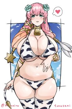 1girl alternate_costume animal_print artist_name bell bikini blonde_hair blue_flower blue_rose blush breasts cleavage commentary_request commission cow_print cow_print_bikini cow_tail earrings fake_tail fire_emblem fire_emblem_heroes flower gradient_hair gunnthra_(fire_emblem) hair_flower hair_ornament heart highres huge_breasts jewelry looking_at_viewer momoiro_tunozemi multicolored_hair navel neck_bell nintendo pink_hair print_bikini rose skeb_commission solo stomach swimsuit tail thighhighs thighs twitter_username two-tone_hair