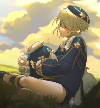 1boy absurdres beret black_bow black_coat black_shorts blonde_hair blue_eyes blue_sky bow cloud coat commentary english_commentary expressionless freckles freminet_(genshin_impact) from_side genshin_impact grass grey_background half-closed_eyes hat highres long_sleeves male_focus naomifiction outdoors short_hair shorts sitting sky sleeve_cuffs solo thighs vision_(genshin_impact) winding_key