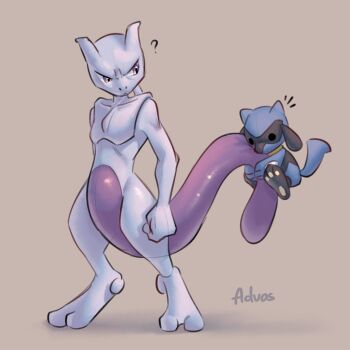 Rule 34 | ?, advos, black fur, blue fur, colored skin, gen 1 pokemon, gen 4 pokemon, grey background, grey skin, legendary pokemon, looking at another, mewtwo, nintendo, no humans, pokemon, pokemon (creature), purple eyes, purple tail, riolu, signature, simple background, tail, two-tone fur