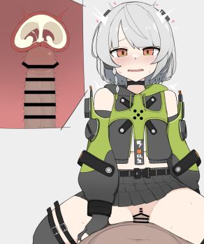 1boy 1girl anby_demara bar_censor bare_shoulders black_choker black_jacket black_skirt black_thighhighs censored choker clothing_cutout cowgirl_position cropped_jacket cropped_shirt cross-section cum cum_in_pussy dark-skinned_male dark_skin dot_nose ejaculation embarrassed feet_out_of_frame female_orgasm girl_on_top green_jacket grey_hair hetero hood hood_down hooded_jacket interracial jacket looking_at_viewer medium_hair mihoyo miniskirt multicolored_jacket multiple_views no_panties open_mouth orange_eyes orgasm penis plaid_clothes plaid_skirt pov pov_crotch pussy quinoa sex shirt shoulder_cutout sitting sitting_on_person skirt spread_legs straddling straight-on thighhighs two-tone_jacket uterus vaginal variant_set white_shirt zenless_zone_zero
