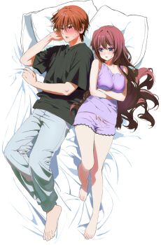 1boy 1girl a-chan_(little_busters!) alternate_costume arm_up arms_under_breasts bare_legs bare_shoulders barefoot bed_sheet black_shirt blue_eyes blush breasts brown_eyes brown_hair casual collarbone commentary couple crossed_arms embarrassed eyelashes eyes_visible_through_hair from_above full_body grey_pants hair_between_eyes hair_spread_out hetero highres knee_up large_breasts legs little_busters! long_hair looking_at_another looking_to_the_side lying miiizuno_lbs natsume_kyousuke on_back on_bed open_mouth pajamas pants pillow purple_pajamas sheet_grab shirt short_hair short_sleeves side-by-side sidelocks sweatdrop t-shirt toes tsurime v-shaped_eyebrows very_long_hair