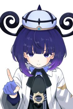 1girl absurdres belt belt_buckle black_dress blue_gloves bob_cut buckle channel_amacha clock coat dress gloves gwynn_(pokemon) hat highres index_finger_raised long_sleeves looking_at_viewer nintendo o-ring o-ring_belt open_clothes open_coat partially_fingerless_gloves pokemon pokemon_legends:_z-a purple_eyes purple_hair short_hair smile solo upper_body white_background white_coat