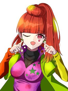 1girl absurdres blunt_bangs commentary dacap00 earrings english_commentary gnosia hair_between_eyes heart heart_earrings heart_tattoo high_ponytail highres jewelry long_hair long_sleeves looking_at_viewer nail_polish ponytail red_eyes red_hair simple_background smile solo sq_(gnosia) tattoo turtleneck upper_body