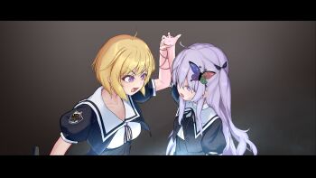 2girls ahoge angry arm_at_side arm_up assault_lily black_ribbon blonde_hair breasts butterfly_hair_ornament collarbone commentary_request confrontation cropped_jacket eye_contact fingernails gradient_background grey_background grey_hair hair_between_eyes hair_ornament hair_ribbon highres holding_another's_wrist imagawa_homare letterboxed light_particles looking_at_another lower_teeth_only medium_breasts mole mole_under_eye multiple_girls neck_ribbon one_side_up open_mouth pink_ribbon puffy_short_sleeves puffy_sleeves purple_eyes ribbon school_uniform seike_tomoyo shirt short_sleeves sidelocks sweat sweatdrop tearing_up teeth ueharu underbust upper_body v-shaped_eyebrows white_shirt wrist_ribbon yurigaoka_girls_academy_school_uniform