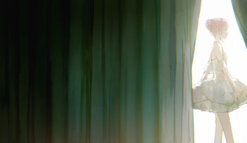 1girl absurdres ballerina bare_legs bare_shoulders chinese_commentary closed_mouth commentary_request cowboy_shot curtains detached_sleeves dress frilled_dress frills from_side hair_bun hair_ornament hair_scrunchie happy highres kaname_madoka mahou_shoujo_madoka_magica mahou_shoujo_madoka_magica_(anime) official_alternate_costume pink_eyes pink_hair scrunchie short_dress short_hair short_sleeves sijimao single_hair_bun sleeveless sleeveless_dress smile solo updo walking white_dress white_scrunchie white_sleeves