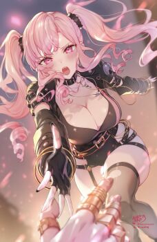 1girl absurdres black_gloves black_jacket black_nails black_shirt black_shorts breasts cleavage clothing_cutout commentary curly_hair english_commentary fingerless_gloves garter_straps gloves highres hip_vent hololive hololive_english jacket jewelry kamiya_maneki large_breasts long_hair mori_calliope mori_calliope_(gold_unbalance) nail_polish necklace official_alternate_costume official_alternate_hairstyle open_mouth pink_eyes pink_hair pov pov_hands reaching reaching_towards_viewer shirt shorts sidelocks single_garter_strap solo teeth twintails upper_teeth_only